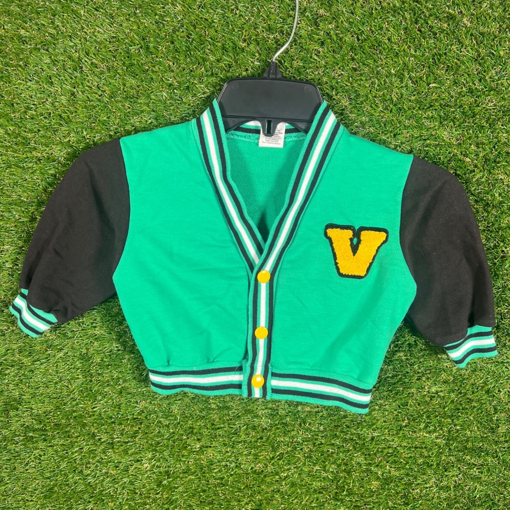 Vintage Kids Varsity Jacket‎ Green Black Letter V Snap Button Sweatshirt 24M